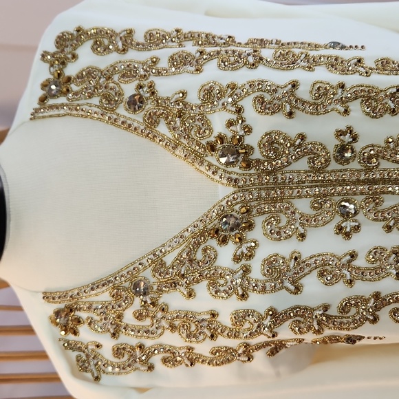 Abdulla Shehab Trading kaftan evening gown cream colored gold beads and crystals - Picture 5 of 16